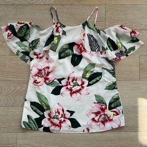 Banana Republic Floral Hibiscus Off the Shoulder Drape Sleeve Thin Strap Top XS